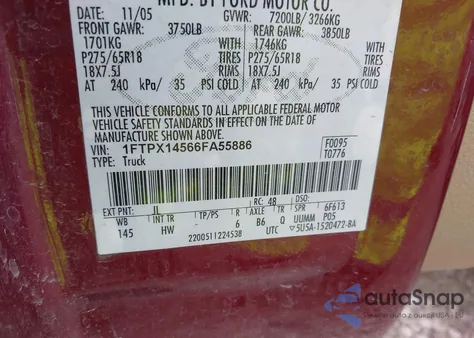 2006 Ford F-150 Fx4/Lariat/Xl/Xlt из США, поврежденный, VIN 1FTPX14566FA55886